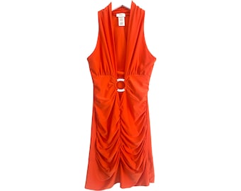 Y2K Plunge Mini Dress V Neck Orange Rhinestone Keyhole Neck 90's Mini Dress Club Romantic Stretchy and Fitted Y2K 2000's  Size Small/S
