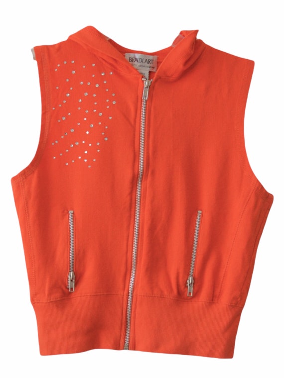 Y2K Hoodie Top Sweatshirt Orange Rhinestone Hoode… - image 2
