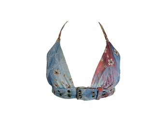 Y2k Floral Halter Top Y2K Vintage Boho Brown Blue Buckle Strappy Bra Top Halter Neck Plunging V Neck Backless Blouse 90s Romantic Grunge - M
