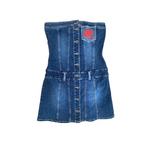 rocawear denim dress Rocawear Denim Dress Y2k Vintage Bustier Denim Mini Dress Strapless Mini Dress Patchwork Blue Denim 2000's Rocawear Never Worn Mini Dress L