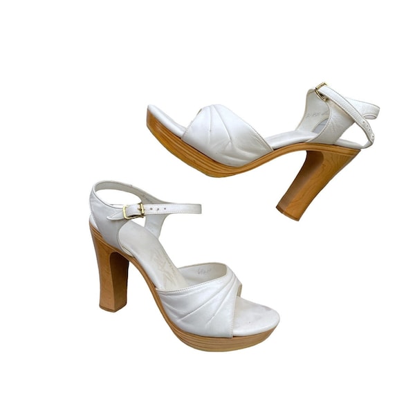 70's Platform Sandals White Open Toe Wooden Stacked Platform High Heel Vintage 1970s Heels Boho Hippie Leather Platform Sandals size - 6 1/2