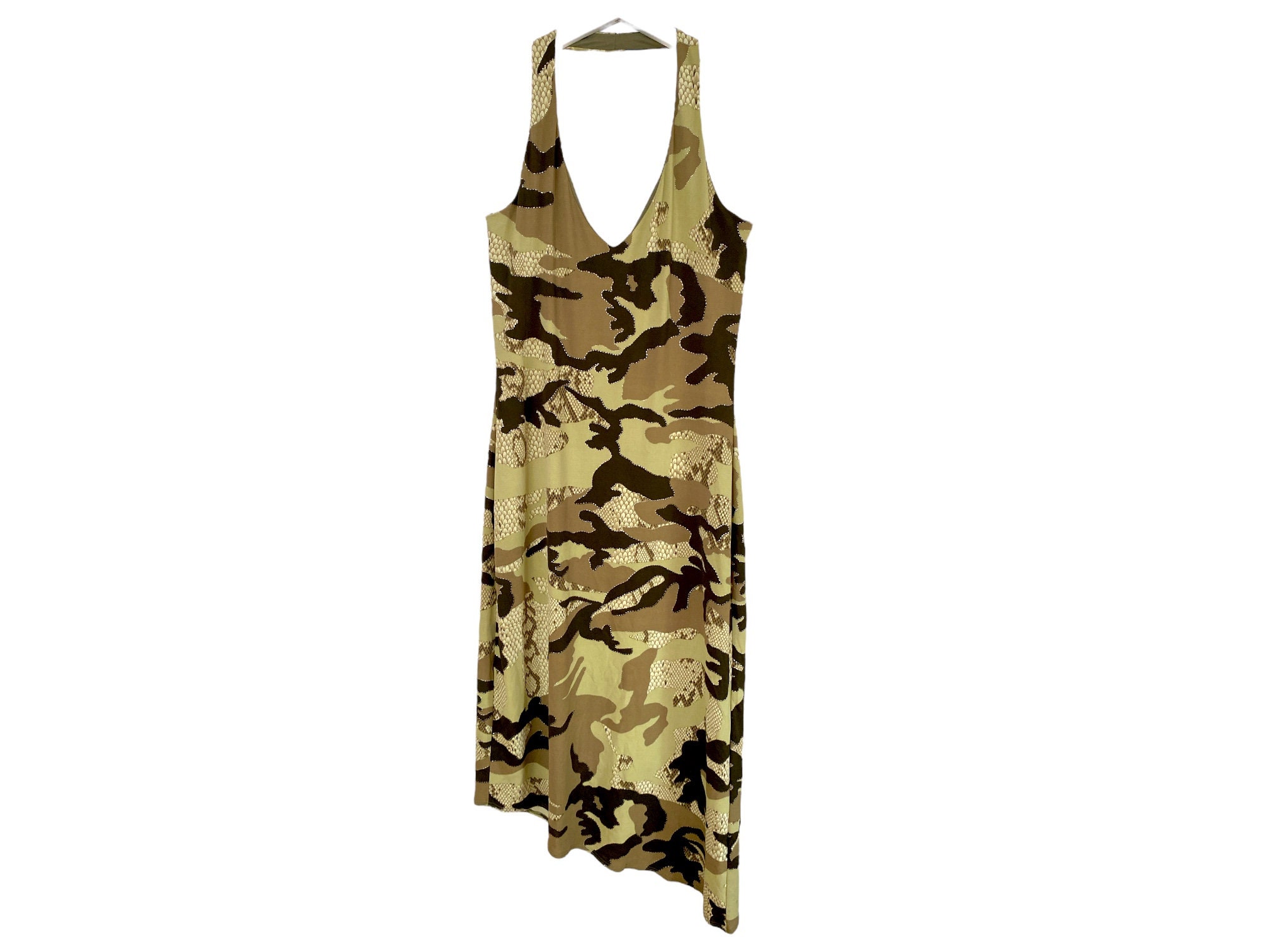 Y2K Midi Dress Halter Camo Asymmetric Dress Backless Vintage 