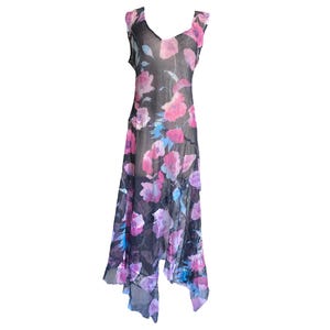 Y2K Pink Floral Dress Sheer Y2K Asymmetric Floral Mesh Dress Pink Black Dress Romantic Asymmetric Dress Vintage 2000&#39;s Floral Dress - Medium