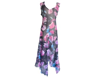 Y2K Pink Floral Dress Sheer Y2K Asymmetric Floral Mesh Dress Pink Black Dress Romantic Asymmetric Dress Vintage 2000's Floral Dress - Medium