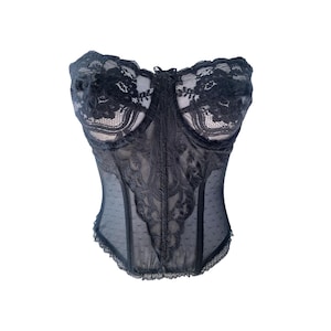 80&#39;s Black Bustier 80&#39;s Lace Bustier Top Mesh Lace Floral Black Lace Corset Top  2000&#39;s Strapless Top Festival Grunge Boho Gothic Size 36
