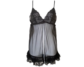 Y2K Camisole Lingerie Top Black Victoria's Secret 00s Babydoll Top See Through Sheer Floral Lace Romantic Boho 00s Bohemian Cami Bra Top - S