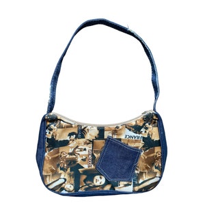 Y2K Purse Vintage 2000&#39;s Photographic Patchwork Handbag Vintage 2000&#39;s Bohemian Romantic Grunge Faux Denim Purse Zippered Never Worn Vintage