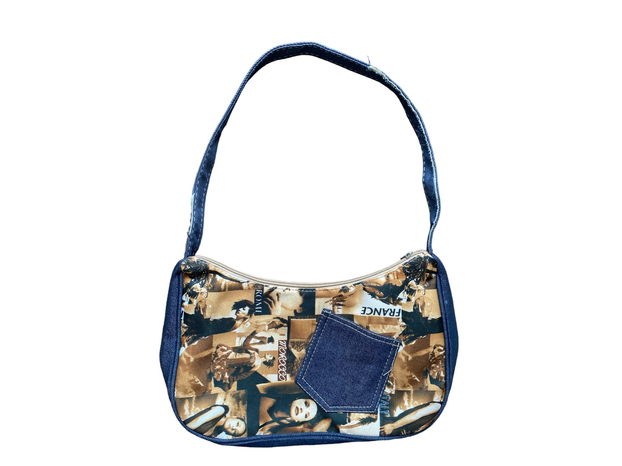 1pc Two-tone Denim Y2k Style Shoulder Bag With Star Decor