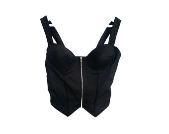 90's Bustier Cremallera Top Crop Top Negro Bustier Chaleco Top Sweetheart Escote Grunge Boho Vintage 1990's Tamaño Pequeño - S