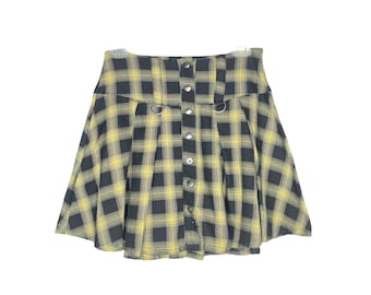 90's Plaid Mini Skirt Black Yellow HOT TOPIC  Mini Skirt 90s Grunge Boho Checkered  Skirt High Waisted 1990s Festival Bohemian Skirt Size -S