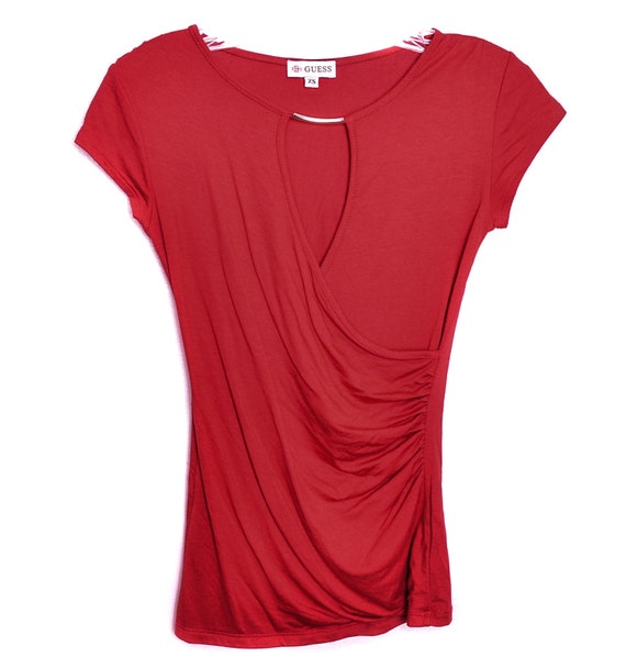 00 s Red Top Y2K Vintage Keyhole Neck Blouse GUESS Y2K Blouse 90s Romantic Grunge XS