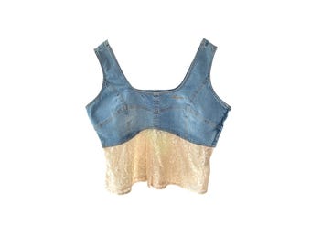 FUBU Top vaquero con corpiño Y2K Top vaquero con corpiño Top corto elástico Blusa vaquera azul vintage de los años 2000 con encaje floral y abertura en la cintura - 18/XXL