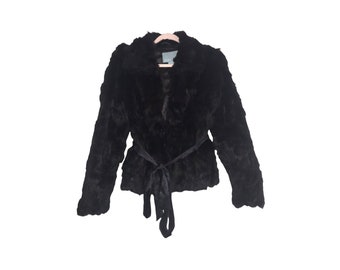 Y2K Black Fur COAT Vintage 2000's Fur Jacket Satin Belt Long Sleeves Hook Closure Belted Romantic Boho Hippie Size XS