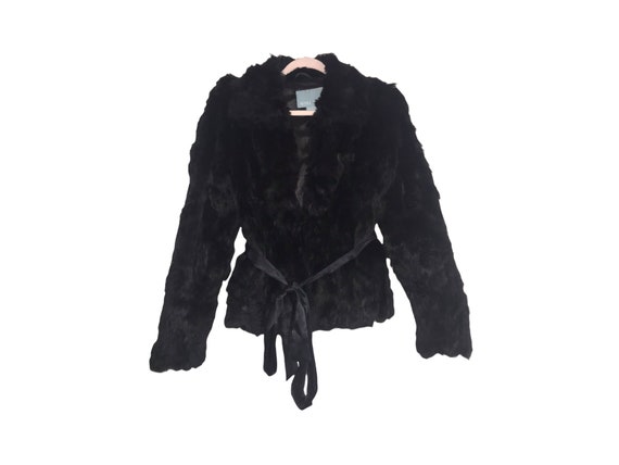 Y2K Black Fur COAT Vintage 2000's Fur Jacket Satin Belt Long Y2K Black Fur COAT Vintage 2000's Fur Jacket Satin Belt Long