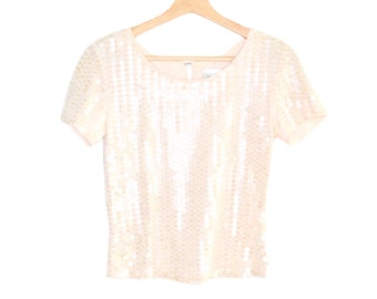 Y2K Pink Sequin Blouse  Y2K Top Pastel Pink Blouse 00's Festival Party Sequin Cocktail Romantic 00s Short Sleeve Crop Top  Sequin - S
