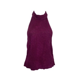 Rückenfreies Strick Neckholder Top Y2K Lila Blumen Strick Low Back Bluse 2000 St.John Cocktail Romantische Stretchy Strick Bluse Größe - Medium