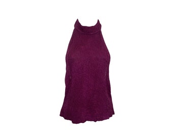 Rückenfreies Strick Neckholder Top Y2K Lila Blumen Strick Low Back Bluse 2000 St.John Cocktail Romantische Stretchy Strick Bluse Größe - Medium