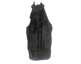 Y2K Silk Ruffle Chiffon Halter Neck Blouse Backless Black Vintage 2000's Cocktail Romantic Gothic Silk Chiffon Halter Neck Top Size XS/Small