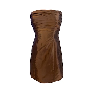 Y2K Party Dress Brown Metallic Satin Mini Dress Y2K Party Vintage Romantic Cocktail Strapless 1990&#39;s Mini Dress Empire Waist Bodice- 6 - M