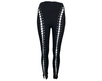 Black LACE UP Jeans 90s Tapered Jeans High Waisted Jeans Black 90s Denim Cigarette Pants Ankle See Through Legs Vintage Size - S/Small