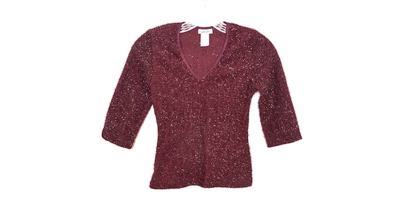 Y2K Fuzzy Top Red Sparkly Knit Crop Top 00's Fest… - image 1