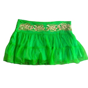 Mesh Sequin Skirt 00s Mini Skirt Green Gold Ruffle Skirt Never Worn 2000s Vintage Layered Low Waisted Cocktail Lolita Glitter  Medium M
