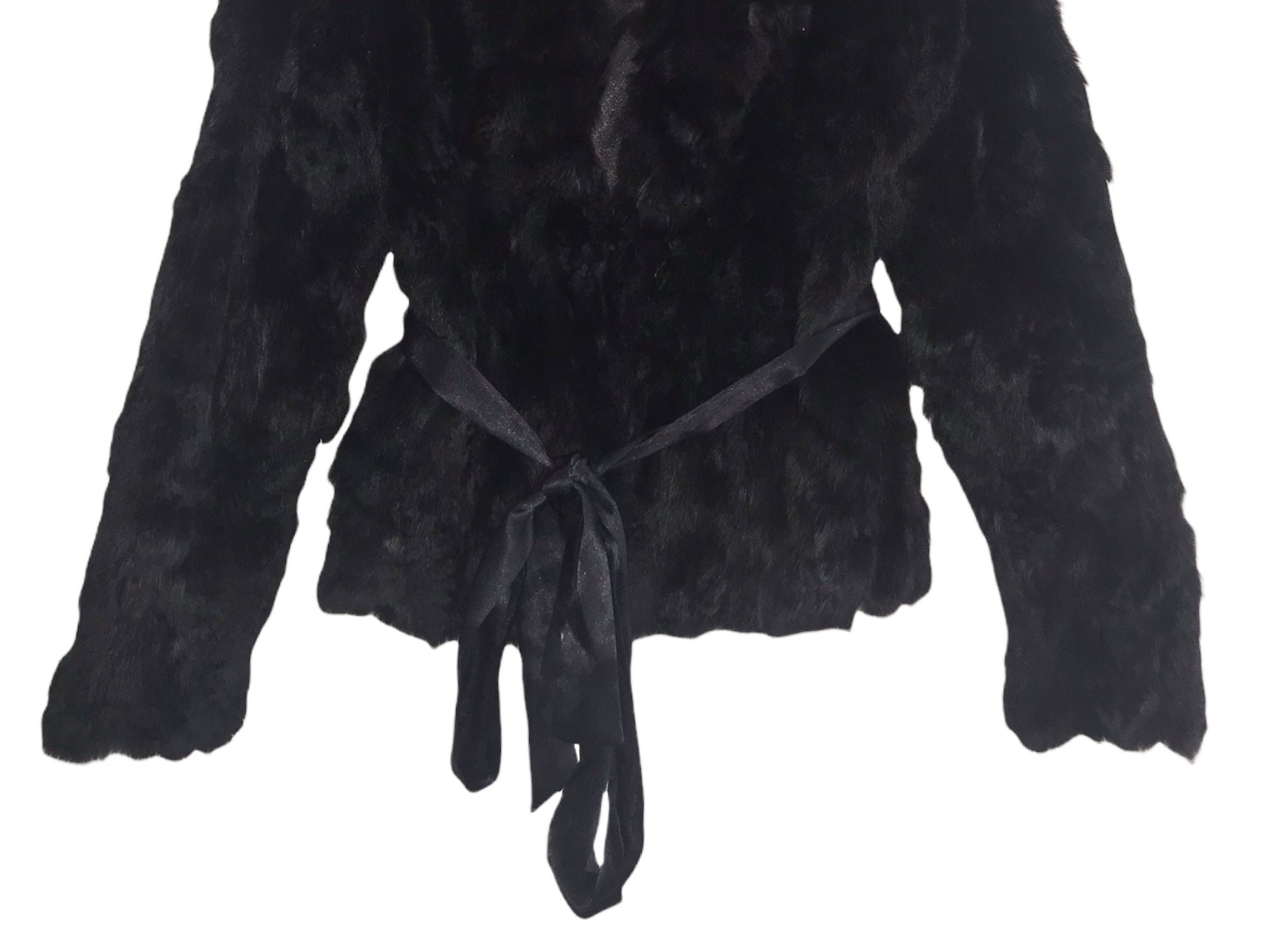 Y2K Black Fur COAT Vintage 2000's Fur Jacket Satin Belt Long Y2K Black Fur COAT Vintage 2000's Fur Jacket Satin Belt Long