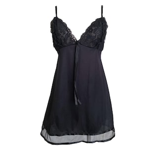 Black Slip Dress Ruffle Lace Mini Slip Vintage 1990&#39;s  Lingerie Mini Dress Minimalist Simple Grunge Goth Black Mini Dress V Neck- Medium/M