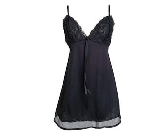 Black Slip Dress Ruffle Lace Mini Slip Vintage 1990's  Lingerie Mini Dress Minimalist Simple Grunge Goth Black Mini Dress V Neck- Medium/M