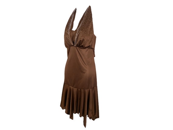 Y2K Halter Neck Dress Brown SATIN Diamante 00's H… - image 3