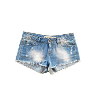 Y2K Denim Shorts Low Waisted Blue Jean Short 00s Mini Party Grunge 2000s Bleached out Denim Jean Shorts Vintage Low Rise  - Small -