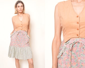 Floral  Skirt Set 70s Mini Skirt Paisley High Waisted Wiggle Flower Power Green Retro Vintage Mod Hippie Boho Summer Small