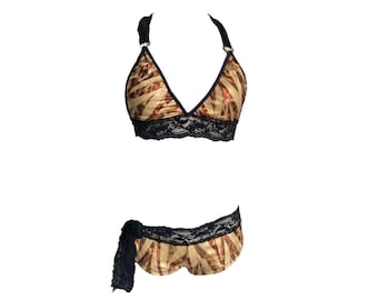 Bikini de dos piezas con cuello halter y diseño de animales dorados Y2K, años 90, estilo bohemio, metálico, vintage, para baile, rave, años 2000, tiro ultrabajo - S