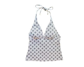 90's Halter Top 90's Vintage Op Art Halter Neck Top V Neck Backless Blouse 1990s Swimsuit Top Vintage- Size -8/Medium/M