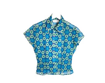 Sheer Blouse 90s Blue Green Shirt Optical Print Button Up Shirt Collar Top Romantic Vintage Short Cap Sleeve Boho Size Small/S