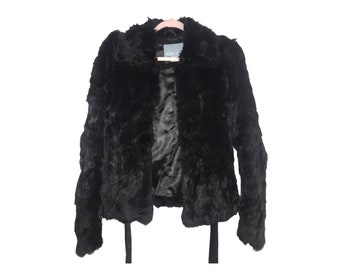 Y2K Black Fur COAT Vintage 2000's Fur Jacket Satin Belt Long