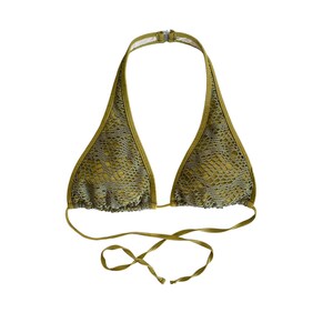 May include: A green halter bikini top with a snakeskin pattern.