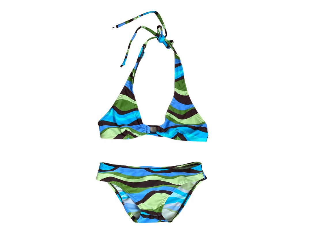 Y2K Halter Bikini Two Piece Blue Green Brown Swirly Swimsuit Etsy