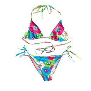 Y2K Pink Blue Sequin Bikini Two Piece Swimsuit 2000&#39;s floral Bathing Suit Set Boho Vintage Retro Y2k Low Waisted Low Rise String Bikini- L