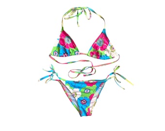 Y2K Pink Blue Sequin Bikini Two Piece Swimsuit 2000's floral Bathing Suit Set Boho Vintage Retro Y2k Low Waisted Low Rise String Bikini- L