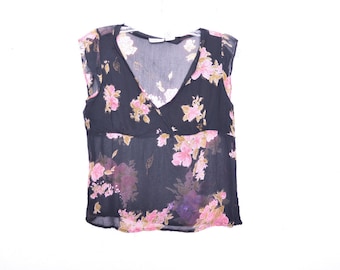Black Floral Shirt Top 90's Floral Crop Top Sheer Blouse Hippie Shirt Summer Floral Shirt See Through Romantic Vintage 90s Y2K Bohemian Sml
