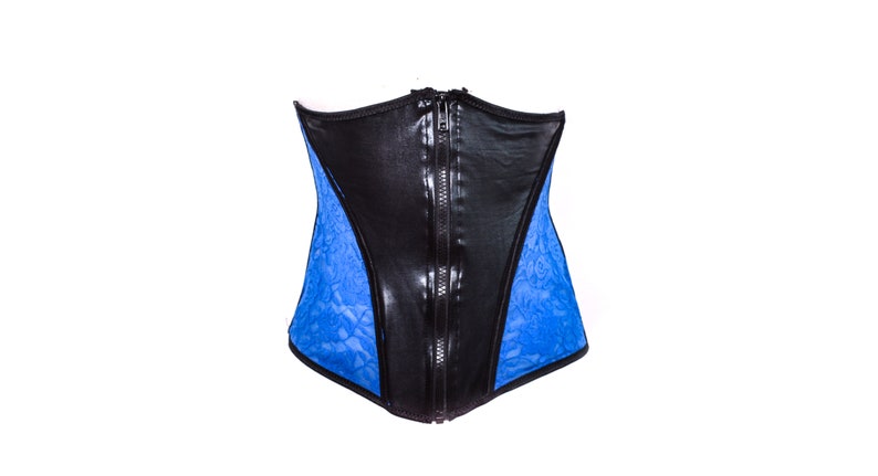 Y2K Corset Top 90's Bustier Top Zipper PVC Wetlook Floral Black Blue Lace Bustier Festival Grunge Boho Gothic Strapless Crop Top Corset M image 1