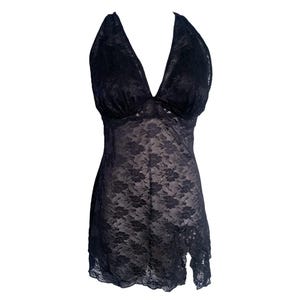 90&#39;s Black Slip Dress Floral Lace See Through Sheer Romantic Vintage 1990&#39;s Lingerie Dress Slip Mini Slit Thigh Halter Mini Dress Goth - M