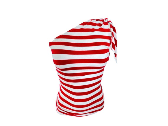 One Shoulder Blouse 90s Stripe Cut Out Top Boho G… - image 5