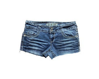 Y2K Denim Shorts Low Waisted Blue Jean Short 00s Grunge 2000's Cut Off Rhinestone Shorts Boho Grunge Vintage Y2k Low Rise Waist -Medium - M