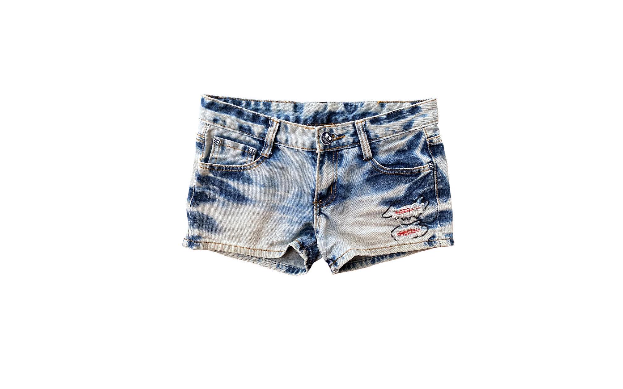 Y2K Denim Shorts Low Waisted Patchwork Embroidered Blue Jean Short