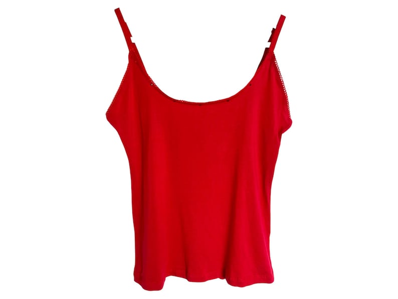 May include: A bright red sleeveless tank top with thin straps.