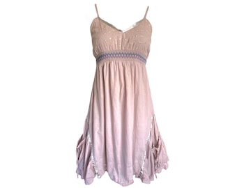 Ruched Ruffle Dress Embroidered Cotton Mini Dress Cinched Empire Waist Pockets Hand Dyed Grunge Boho Skirt Cotton Sun Dress Bohemian - M