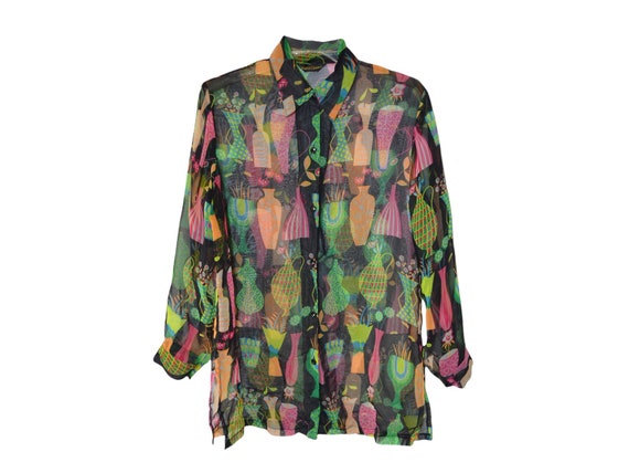 90's Sheer Shirt Blouse Black Multicolor Shirt 90… - image 1