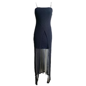 Black Sheer Dress 90s Party Grunge Mesh Long Dress Straight Neck Split Front Vintage 1990s  Black Metallic Silver Dress Cocktail Goth - S
